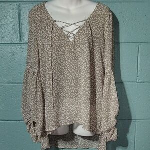 NWOT By Together Tan & White Leopard Print Lace Up Blouse